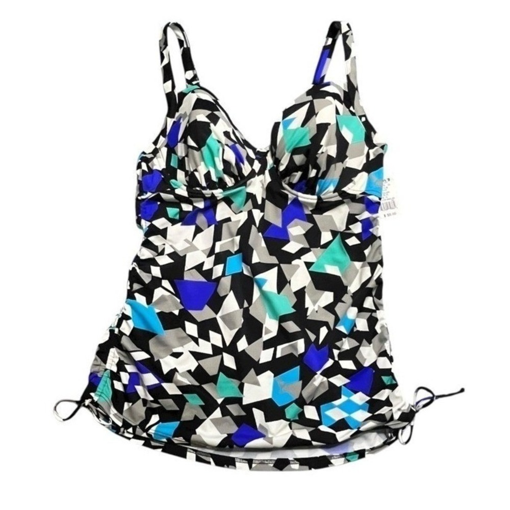 Upstream Womens Blue Geometric Underwire Tankini Swim‎ Top Size 14 D-Cup NWT